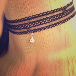 Black lace Choker with Gold Diamond